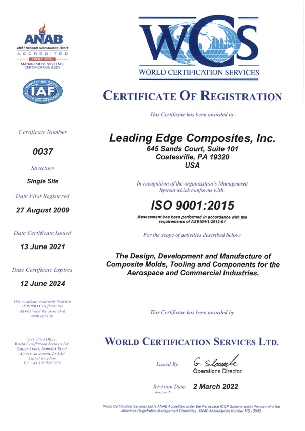Leading Edge Composites, Inc.- Certificate of Registration # 0037 (2022) Recert 03-02-22