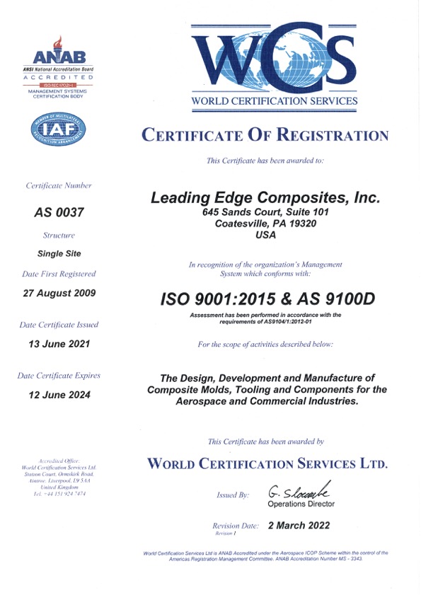 Leading Edge Composites, Inc.- Certificate of Registration # AS 0037 (2022) Recert 03-02-22